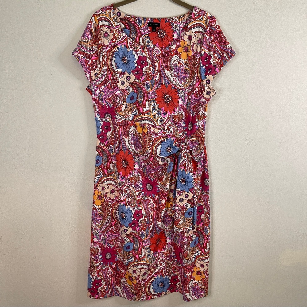 Talbots Cap Sleeve Faux Wrap Paisley & Flower Print Dress Size L